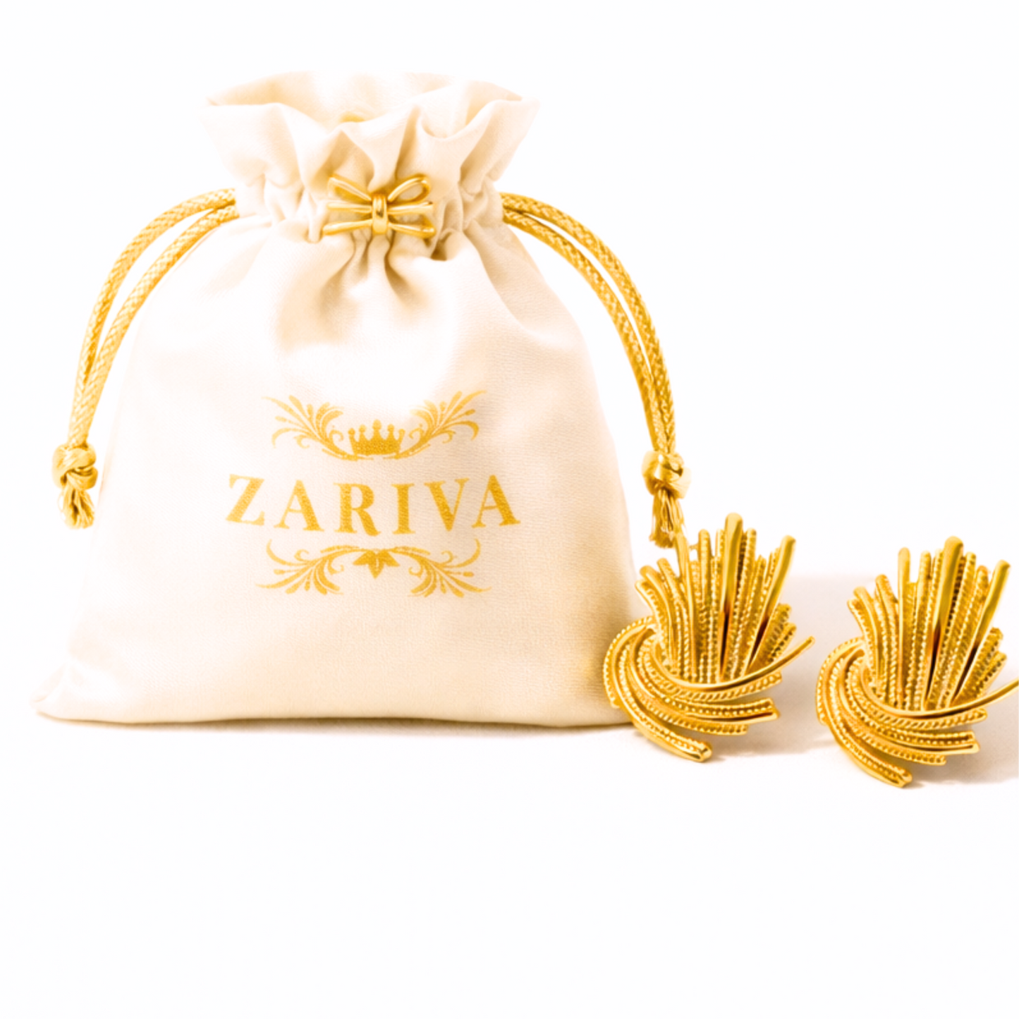 Zariva Aurelia gold stud earrings with premium Zariva jewellery pouch packaging