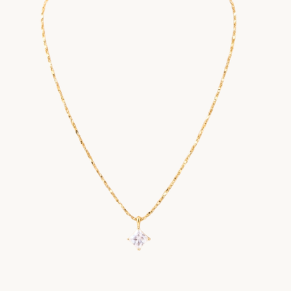 Zariva Aurora Rhombus Solitaire Necklace in 18K Gold PVD plated SS316L stainless steel featuring a brilliant rhombus-cut solitaire crystal pendant. Anti-tarnish, water-resistant, hypoallergenic everyday luxury jewellery for women.