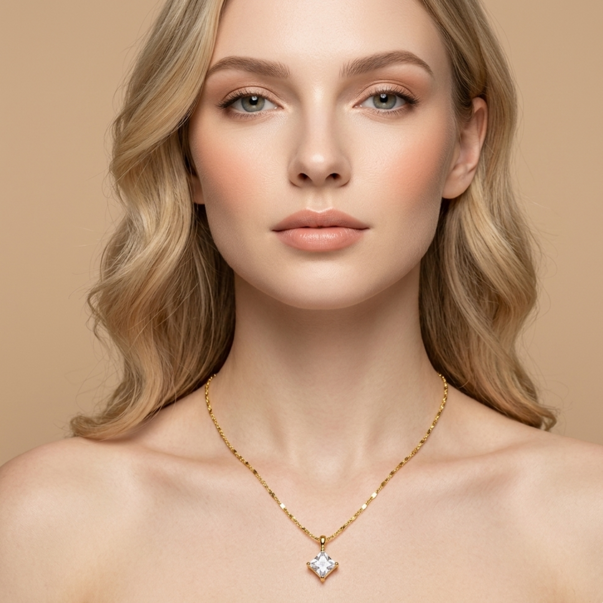 Zariva Aurora Rhombus Solitaire Necklace in 18K Gold PVD plated SS316L stainless steel featuring a brilliant rhombus-cut solitaire crystal pendant. Anti-tarnish, water-resistant, hypoallergenic everyday luxury jewellery for women.