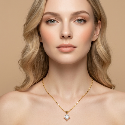 Zariva Aurora Rhombus Solitaire Necklace in 18K Gold PVD plated SS316L stainless steel featuring a brilliant rhombus-cut solitaire crystal pendant. Anti-tarnish, water-resistant, hypoallergenic everyday luxury jewellery for women.