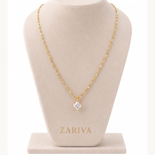 Zariva Aurora Rhombus Solitaire Necklace in 18K Gold PVD plated SS316L stainless steel featuring a brilliant rhombus-cut solitaire crystal pendant. Anti-tarnish, water-resistant, hypoallergenic everyday luxury jewellery for women.