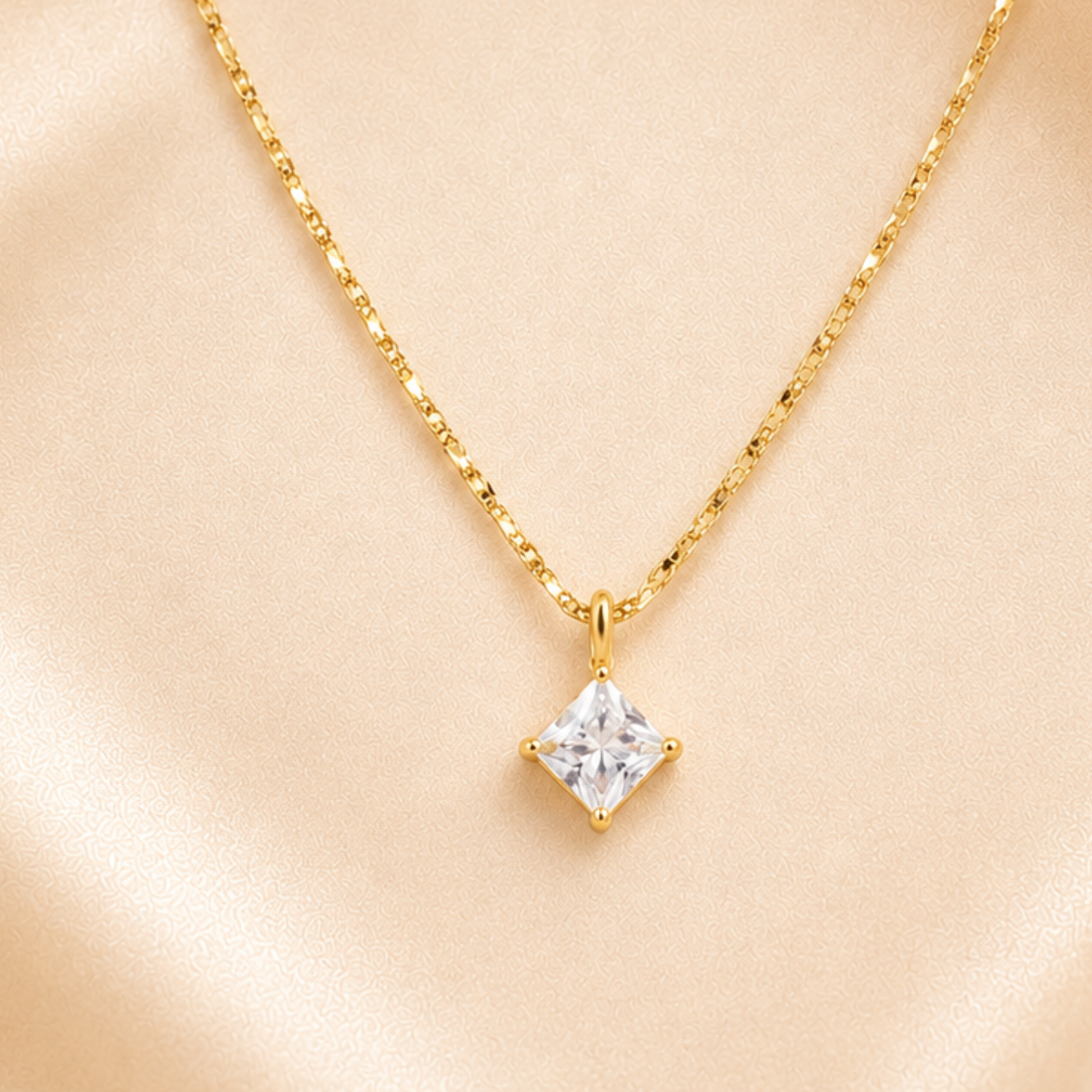 Zariva Aurora Rhombus Solitaire Necklace in 18K Gold PVD plated SS316L stainless steel featuring a brilliant rhombus-cut solitaire crystal pendant. Anti-tarnish, water-resistant, hypoallergenic everyday luxury jewellery for women.