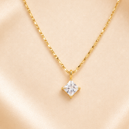 Zariva Aurora Rhombus Solitaire Necklace in 18K Gold PVD plated SS316L stainless steel featuring a brilliant rhombus-cut solitaire crystal pendant. Anti-tarnish, water-resistant, hypoallergenic everyday luxury jewellery for women.