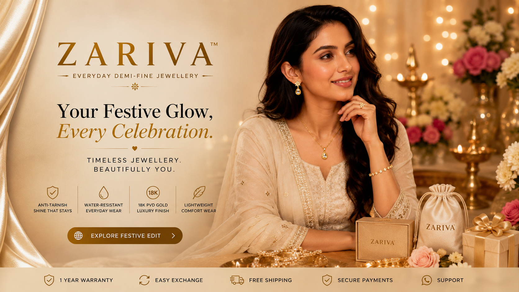 Discover ZARIVA’s Festive Edit — a curated collection of demi-fine jewellery designed to elevate every celebration, from Rakhi and Navratri to Diwali, Christmas and wedding occasions. Crafted in SS316L stainless steel with 18K gold PVD plating, ZARIVA jewellery is anti-tarnish, water-resistant, skin-friendly and lightweight — made to bring effortless elegance to festive looks and everyday wear. Explore timeless necklaces, statement earrings, bracelets and more, thoughtfully designed for modern women