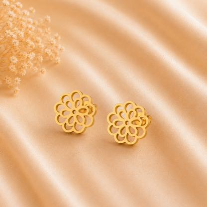 ZARIVA Floral Mini Gold Stud Earrings for women crafted from SS316L stainless steel with 18K PVD gold plating. Anti-tarnish, waterproof, lightweight flower stud earrings under 1 cm for everyday wear, office, college and gifting.