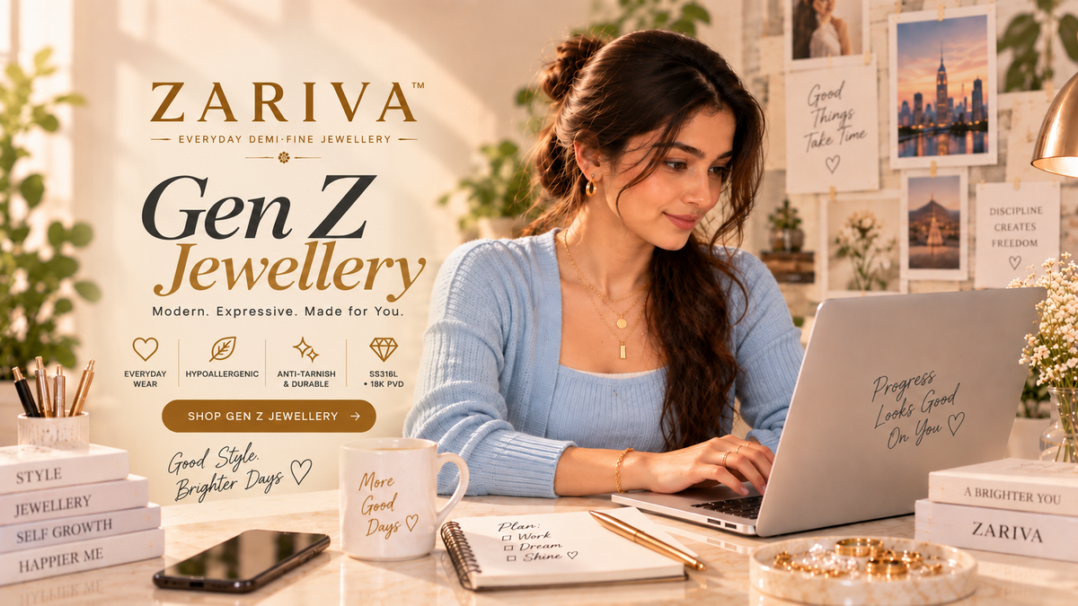 ZARIVA Gen Z jewellery banner featuring a young woman wearing layered demi-fine jewellery while working at a laptop