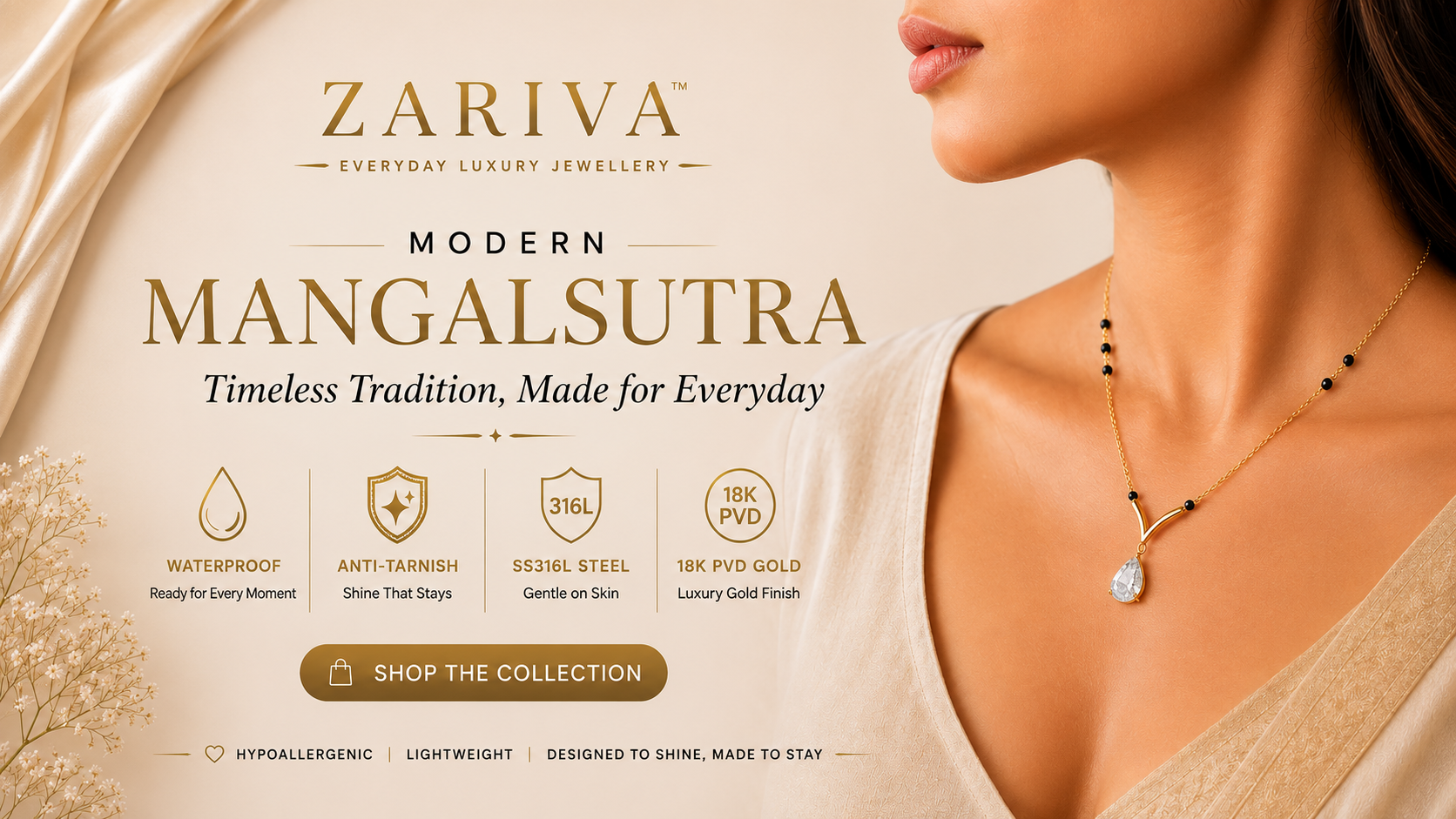 ZARIVA Modern Mangalsutra for everyday wear crafted in SS316L stainless steel with 18K PVD gold plating, anti-tarnish, waterproof and skin-friendly jewellery for modern Indian women.