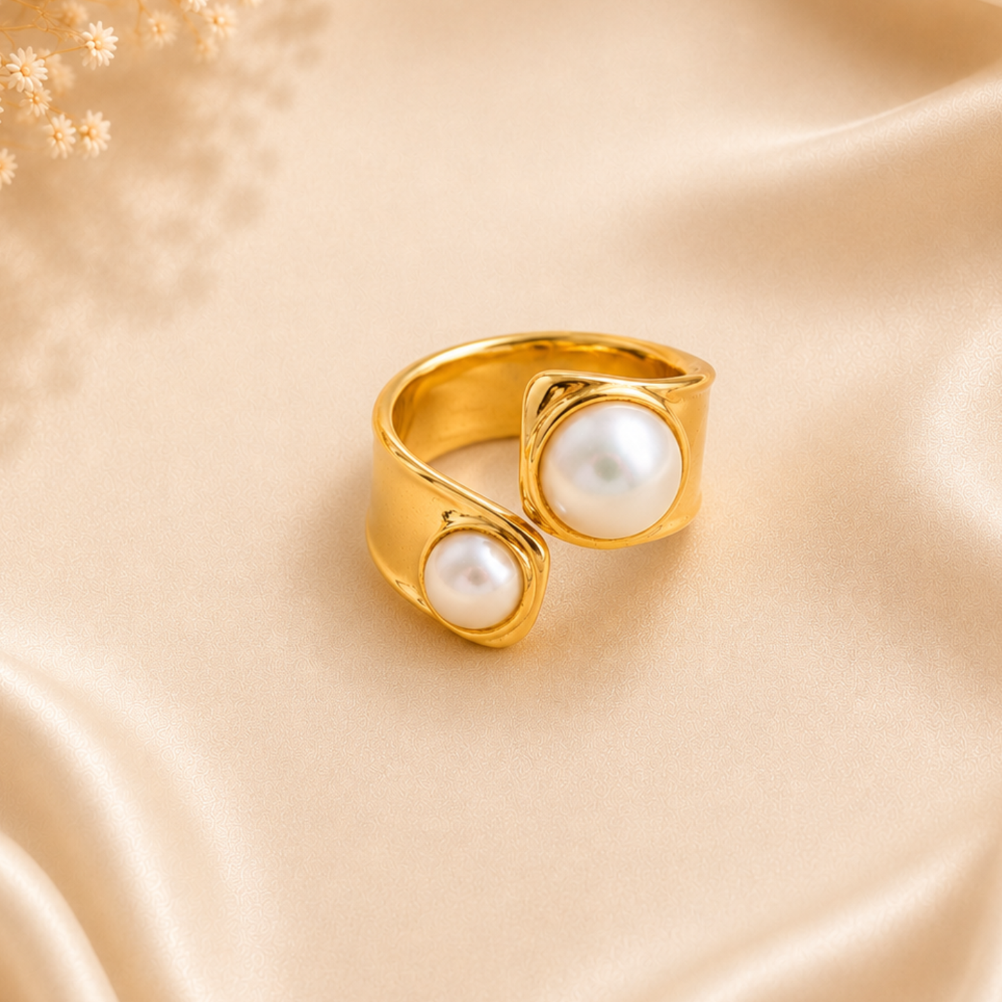 Zariva Pearl Embrace Open Ring in 18K Gold PVD plated SS316L stainless steel featuring an elegant open-band design with dual lustrous pearl accents. Anti-tarnish, water-resistant, hypoallergenic adjustable everyday luxury ring for women.