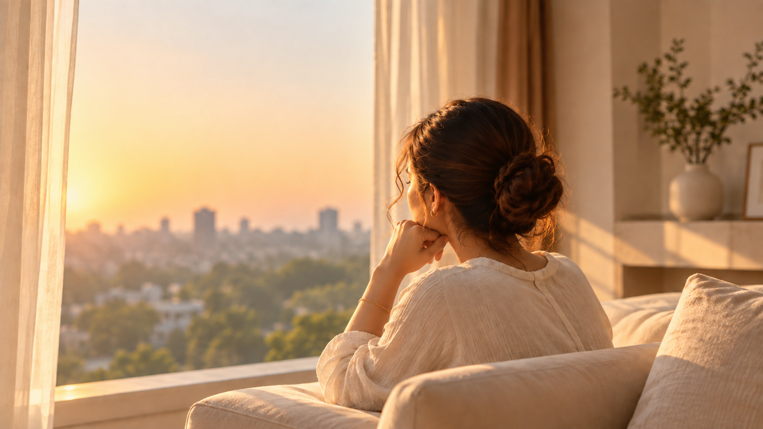 A woman with her hair in a bun sits on a beige sofa, looking out a large window at a city skyline during a warm sunset. She is wearing a white long-sleeve top.